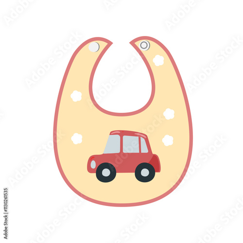 Yellow baby bib clipart with red car. Baby apron vector set in cartoon style.  Baby element, baby shower flat vector isolated on white background. 
