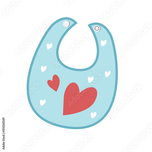 Blue baby bib clipart with red heart. Baby apron vector set in cartoon style.  Baby element, baby shower flat vector isolated on white background. 