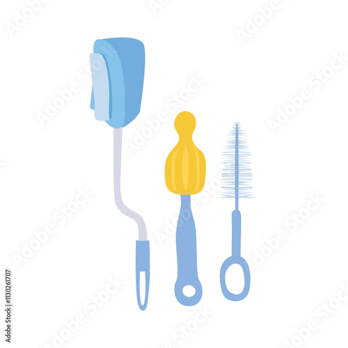 Baby bottle cleaner brush vector set in cartoon style. Sponge brush for baby bottle, nipple, glass, cup. Baby shower, baby element flat vector isolated on white background. Cleaning tool.