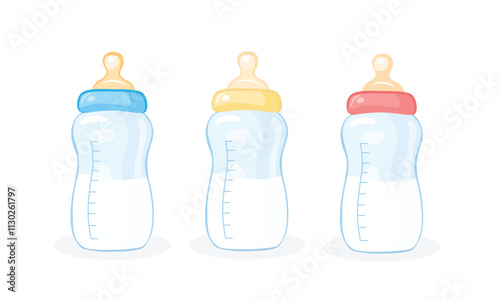 Baby bottle clipart. Baby bottle vector illustration in cartoon style. Product to feed newborn or infant with milk. Baby element. Flat vector isolated on white background.