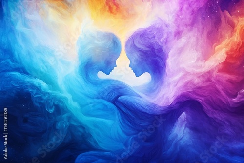 Surreal Allegory of Intertwined Ethereal Figures in Vibrant Cosmic Backdrop photo