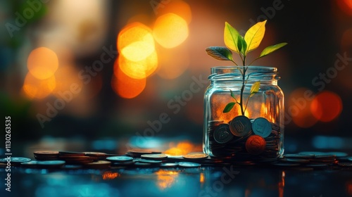 Concept of financial growth with plant growing from coins representing increasing stock market photo