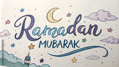 Hand-Drawn Ramadan Mubarak Card with Crescent and Stars photo