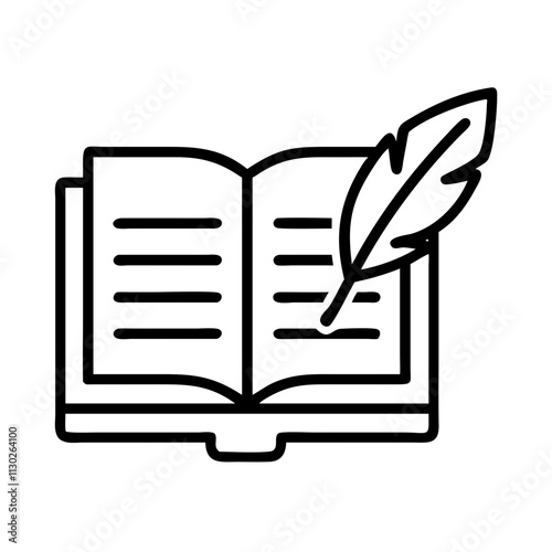 book and quill icon, book day line art, book day icon - simple black line art icon of book and quill, for book day celebrations. book day vector art.