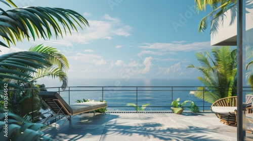 Ultra detailed balcony with ocean vistas, modern metal furniture