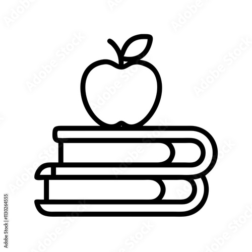 books and apple for learning icon, book day line art, book day icon - simple black line art icon of books and apple for learning, for book day celebrations. book day vector art.