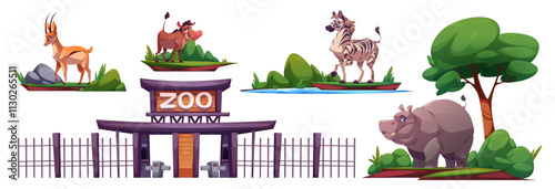 Zoo safari park elements - wooden entrance gates with fence, charming African animals - antelope standing near rocks, warthog on grassland, striped zebra by water, massive hippo under leafy tree.