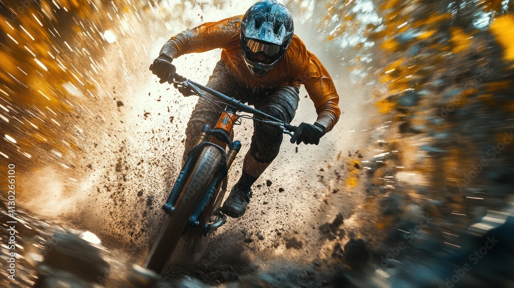 Obraz premium Mountain biker in action, splashing through mud and dirt on a trail.