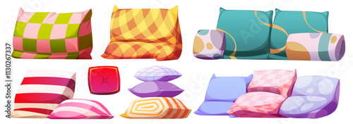 Decorative and sleeping pillow set with solid color and patterns. Soft cushions arranged in groups for various textile designs for interior styling. Cartoon vector bright colorful comfort cushion.