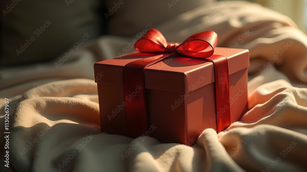 A gift in a beautiful box with a heart on a beige blanket on a sofa. Valentine's Day concept A gift in a beautiful box with a heart on a beige blanket on a sofa. Valentine's Day concept