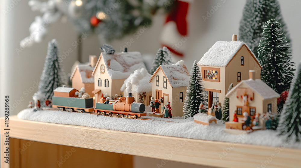 Fototapeta premium Cozy Christmas Village on Wooden Shelf with Snow-Dusted Cottages and Train