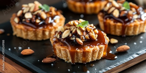 Decadent tartlet featuring a rich milk cheese filling, lavishly topped with salted caramel and an assortment of nuts, including almonds, creates a delightful experience in these delicious desserts.