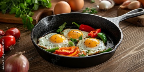Cast iron pan placed on a wooden table, featuring an appetizing arrangement of eggs, peppers, and onions. This scene showcases the versatility of a cast iron pan for delicious meals.