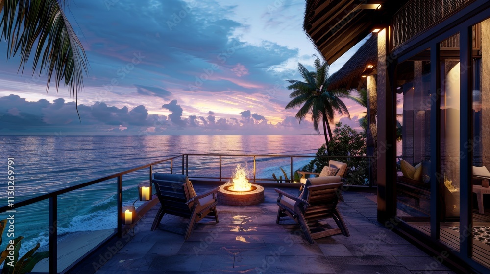 Fototapeta premium Ultra detailed balcony with oceanfront views, featuring a fire pit
