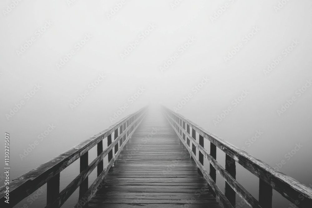 Fototapeta premium Mysterious foggy pier vanishing into misty horizon coastal location atmospheric photography tranquil environment wide-angle viewpoint emphasizing isolation and serenity