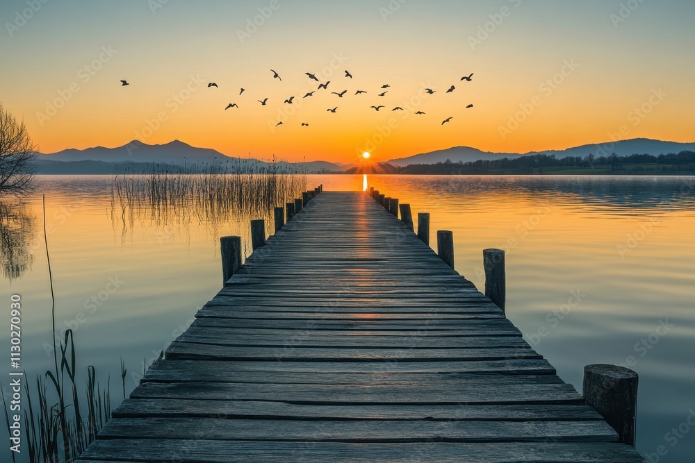 Obraz premium Serene sunset over a wooden pier by a tranquil lake capturing natural beauty in a peaceful environment perfect for relaxation and inspiration a stunning landscape view
