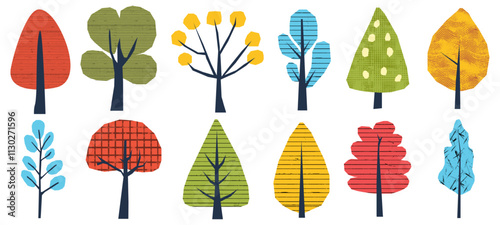 Childish collage of paper naive cutout color tree elements set with abstract texture.  Flat modern illustration for spring or eco themed posters. Hand drawn stylized foliage for 