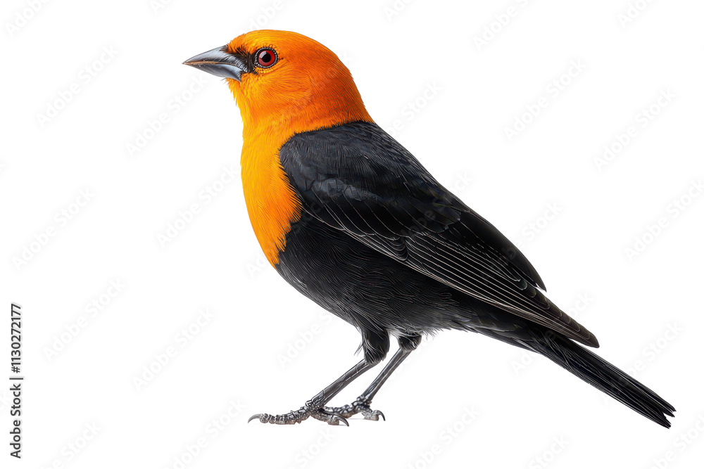 Obraz premium A striking bird with a vibrant orange head and black body, showcasing its distinctive plumage and features.