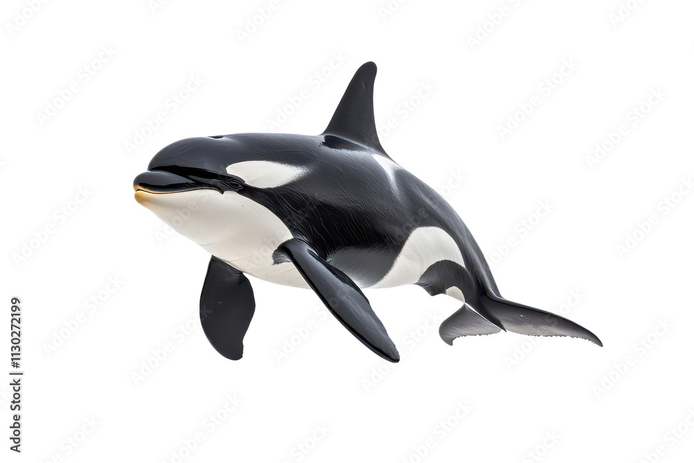 Fototapeta premium A sleek, black and white orca gliding gracefully through the water, showcasing its distinctive dorsal fin and powerful body.
