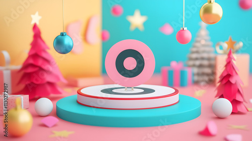 Colorful Minimalist Holiday Display with Pink Target Symbol, Decorated Christmas Trees, Gifts, and Festive Ornaments on a Bright Background