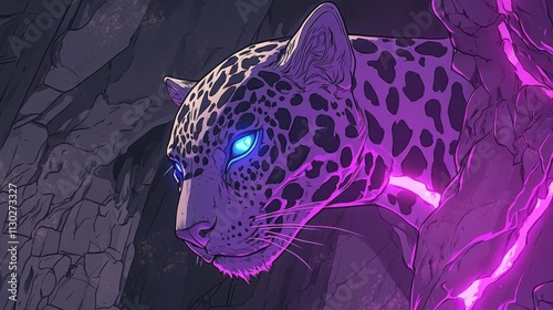 A stylized illustration of a leopard with glowing blue eyes and purple energy effects. photo