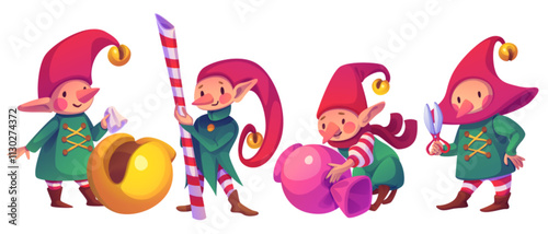 Cute cartoon Christmas elves in festive outfits. Santa Claus helpers characters holding scissors, holding caramel cane, dragging big candy and polishing golden bell. Funny dwarf for winter design.