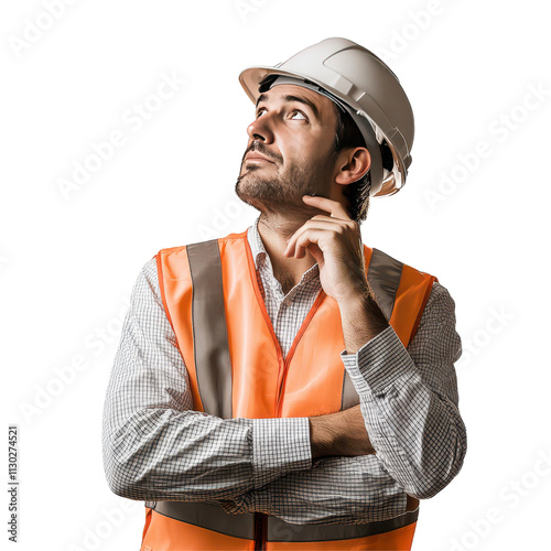 A thoughtful construction worker in safety gear, contemplating a project.