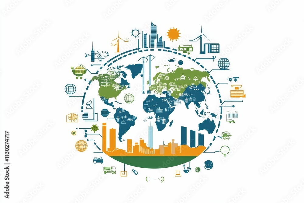 Fototapeta premium Global network, interconnected infrastructure, sustainable development.