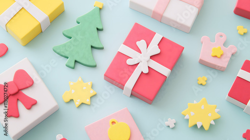 Colorful Festive Gifts, Christmas Decorations, and Playful Elements Spread Across a Light Blue Background for Celebratory Themes and Holiday Designs