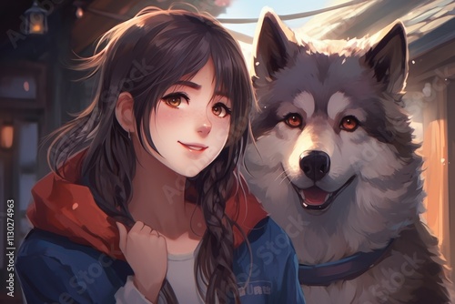 Cute anime girl and cool siberian husky illustration photo