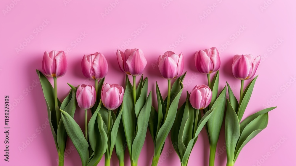 Fototapeta premium Pink tulips on a pink background with copy space for text