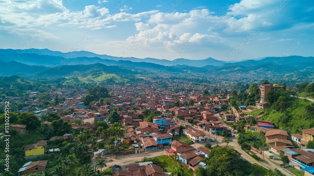 Fototapeta premium Mountainous town, dense housing, lush vegetation.