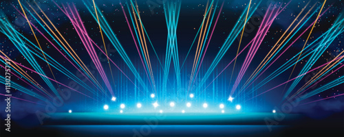 Stage lighting spectacular scene - bright luminous spotlights row on dark background with neon blue, pink and orange laser beams shooting upward, falling glitter dots. Nightclub or performance stage.
