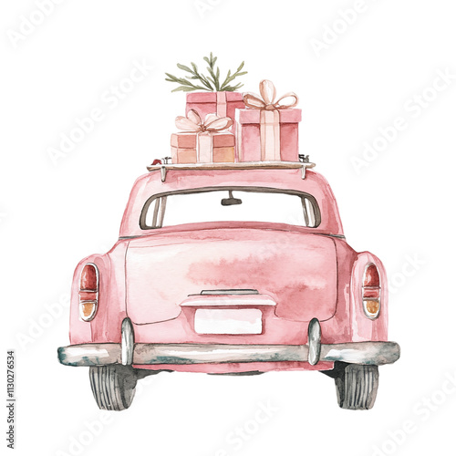 Back view of a pink vintage car carrying Christmas presents, radiating festive cheer. Ideal for cards, posters, and winter crafts