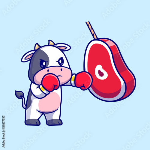 Cute Cow Boxing Meat Steak Cartoon Vector Icon Illustration. 
Animal Sport Icon Concept Isolated Premium Vector. Flat 
Cartoon Style 