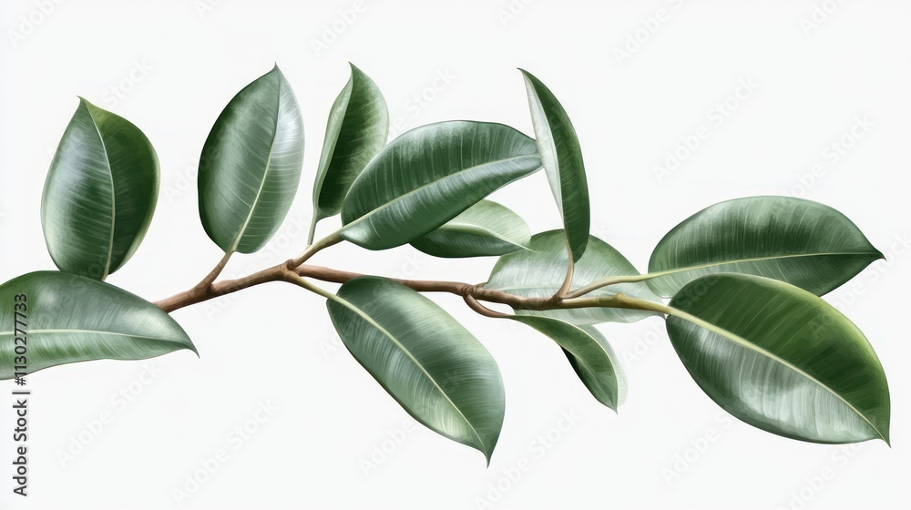 Obraz premium A tropical rubber tree branch with large glossy leaves, isolated on a transparent background 