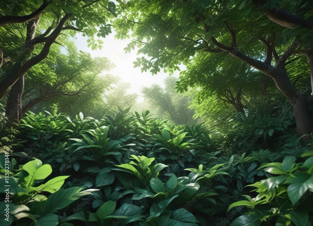 Fototapeta premium Emerald leaves form a verdant canopy, dappled shade below , relaxation, peaceful, outdoors