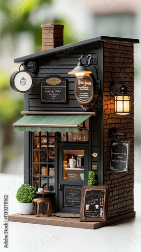 Charming miniature coffee shop model with intricate details and inviting ambiance. photo