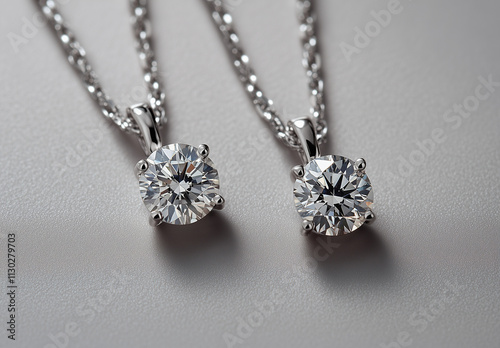 Two luxury diamond necklaces on a grey background, product photography, soft lighting,  Made by AI photo