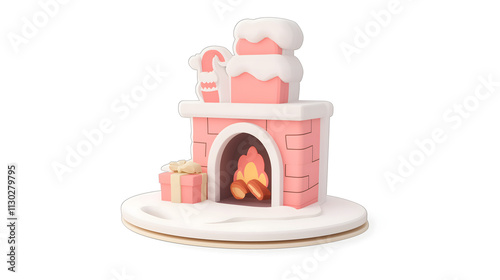 Cozy Christmas Fireplace with White Snow, Pink Decor, Candy Cane, and Gift Box, Perfect for Holiday Themed Crafts and Illustrations