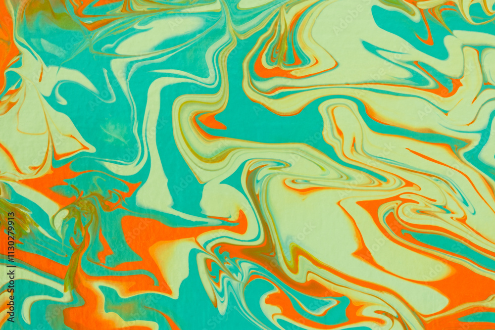 Fototapeta premium Turquoise orange beige acrylic fluid art. Abstract creative spring background. Artistic floral background. Dynamic lines, movement, contrast splash. Design of holiday cards. Fashionable marble texture