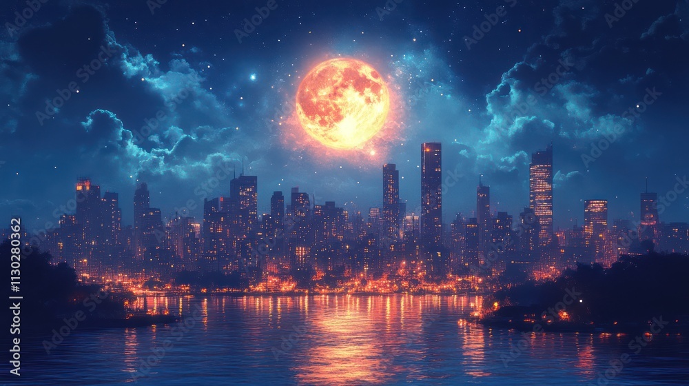 Obraz premium Night cityscape with huge orange moon reflecting on water.