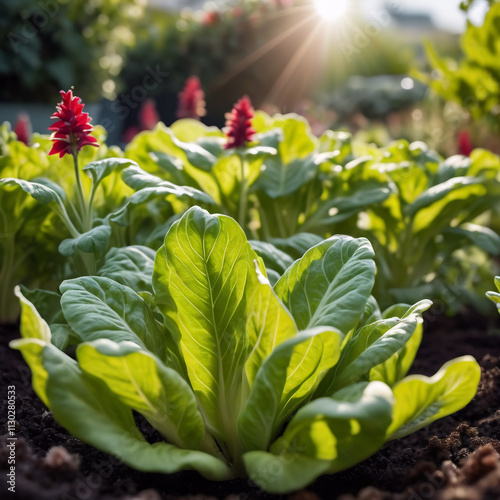 Gemüsepflanzen - Frischer Salat sprießt in gepflegtem Gartenbeet photo