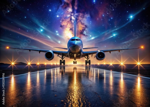 Dramatic night flight images: aircraft landings, starry nights, airplane silhouettes, airport lights illuminating the dark. photo