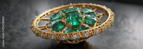 Joyero con esmeraldas y diamantes en oro brillante y formas geométricas, diamantes, oro