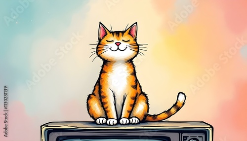 Happy Orange Tabby Cat on Vintage Television