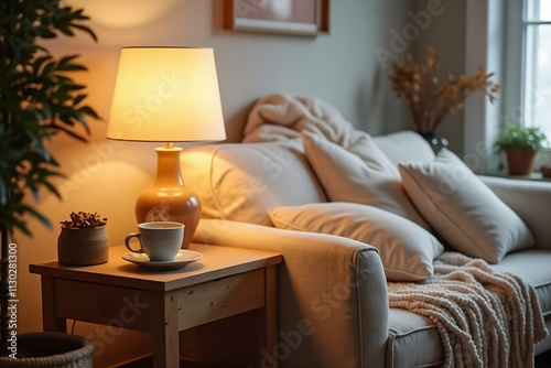 Scandinavian, hygge interior design of cozy modern living room with soft glowing fur, fluffy lamp, cup on wooden side table and natural decorative elements, including soft pillows and warm lighting.
