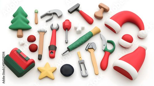 Colorful 3D Render of Christmas and Crafting Icons Including Trees, Tools, Decorations, and Holiday Accessories for Festive Designs and Creative Projects