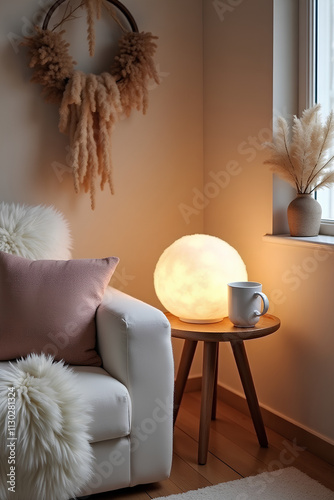 Scandinavian, hygge interior design of cozy modern living room with soft glowing fur, fluffy lamp, cup on wooden side table and natural decorative elements, including soft pillows and warm lighting.
