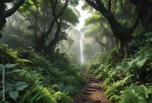 Lush greenery and vines covering the trees on the Manoa Falls trail, jungle, natural, trees photo